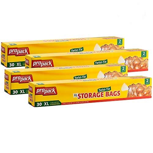 ProPack Disposable Plastic Storage Bags With Original Twist Tie, XL 2 Gallon Size, 120 Bags, Great For Home, Office, Vacation, Traveling, Sandwich, Fruits, Nuts, Cake, Cookies, Or Any Snacks (4 Packs)