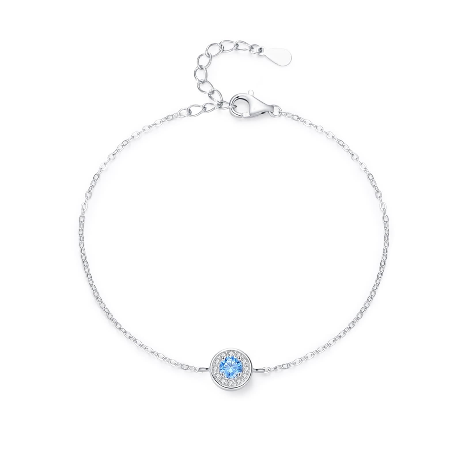 KnSam Pulsera de plata auténtica Au 375/585/750, oro blanco, pulsera para mujer, clásica, círculo con aguamarina azul claro, brazaletes de laboratorio creado con diamante blanco 9 K/14 K/18 K
