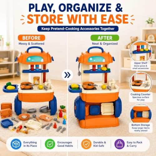 Image of 31-Piece Pretend Play Kitchen Set for Kids, Portable Toy Cooking Set with Stove, Sink, Storage, Cookware, Play Food & Utensils, Gift for Girls & Boys Ages 3+