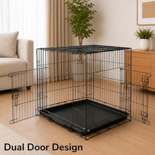 Image of PETJOY Foldable Metal Wire Dog Cage /Crate /Carrier with Tray | for Large and XL Adult Dogs | 42 Inch | Black | Single Door | Removable Base | Manual Locking Mechanism