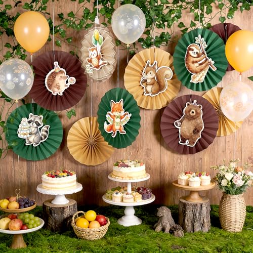 Image of Easy Joy Woodland Baby Shower Decorations Brown Green Hanging Paper Fans Animal Birhday Decorations for Wall Cute Animal Classroom Hanging Folding Fan Forest Themed Jungle Safari Birthday Party Decor