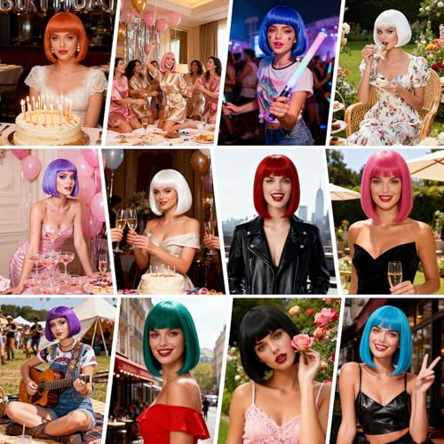 Image of 2 Pack Colored Bob Wigs and Heart Sunglasses Set, Green Hot Pink Short Straight Bob Wig with Bangs Neon Party Colorful Synthetic Hair for Women Men Halloween Costume Bachelorette Party Favors