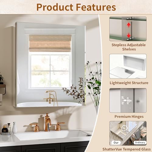 Botiquín para baño BEAUTYPEAK de 20" x 24" con espejo y almacenamiento | Botiquín plateado con puerta única y estantes ajustables para vanidad, vidrio templado, superficie de aluminio, montaje en pared o empotrado miniatura 4