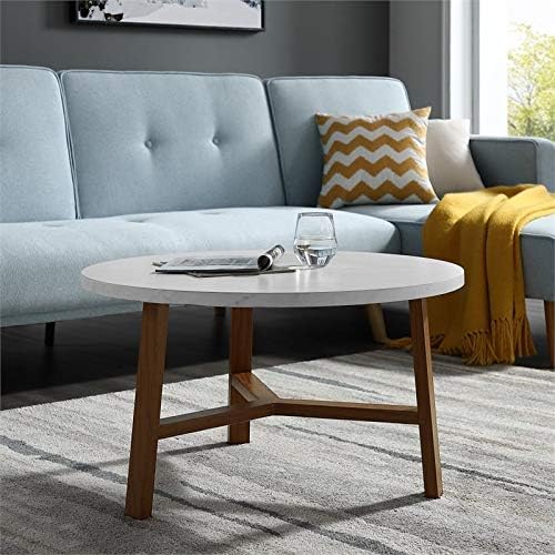 Walker Edison Mid Century Modern Round Coffee Table Living Room Accent Ottoman Storage Shelf, 30 Inch, Marble and Acorn