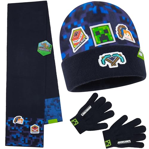 Minecraft Gorros Invierno, Sombrero Pescador o Set Gorro y Guantes con o sin Braga Cuello, Accesorios de Invierno, 6-14 Años (6-14 Años, Azul Sombrero Bufanda Guantes)