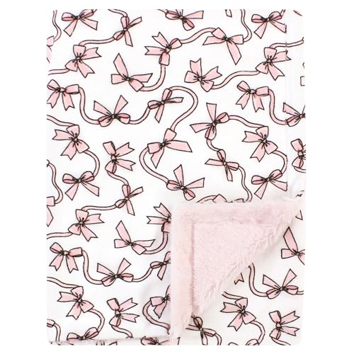 Image of Hudson Baby Unisex Baby Plush Blanket with Furry Binding and Back, Pink Bows, One Size