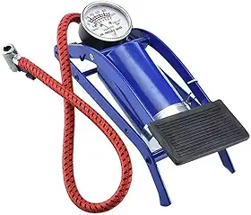 Bomba de Ar com Pedal e Manômetro Analógico, Alta Pressão, Azul e Vermelho, com Mangueira Reforçada 50cm, Bico de Metal, para Bicicleta, Moto, Carro, Colchão Inflável