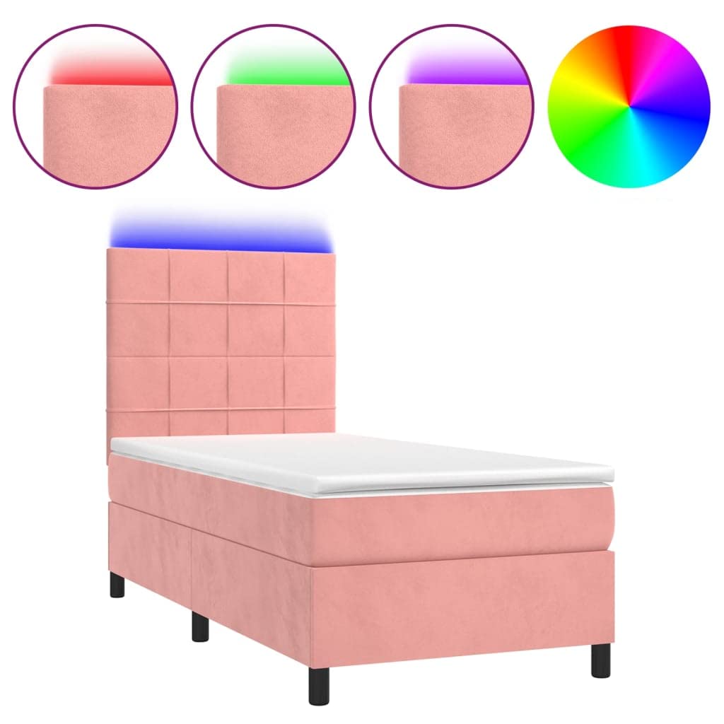 Cama con somier rosa de 90 x 190 cm con LED y colchón, funda de terciopelo de lujo, cabecero regulable en altura, ahorra espacio, cama individual para jóvenes y dormitorios de invitados