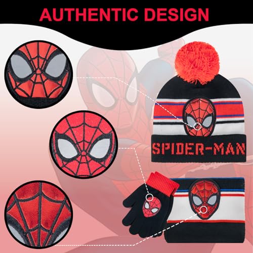 Marvel Spider-Man Kid’s Winter Hat Snow Gloves and Scarf for Boys and Toddlers 3 Pc Set Warm Pom-Pom Beanie with Accessories4