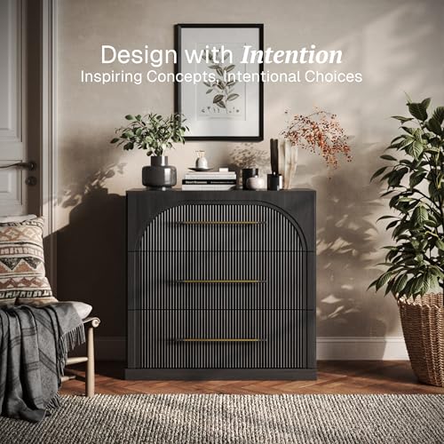 Image of BELLEZE Fluted Modular Sideboard Cabinet, Classic Modern Buffet Cabinet with 3 Drawers, Accent Credenza Cabinet for Living Room Kitchen Entryway (Ebony)