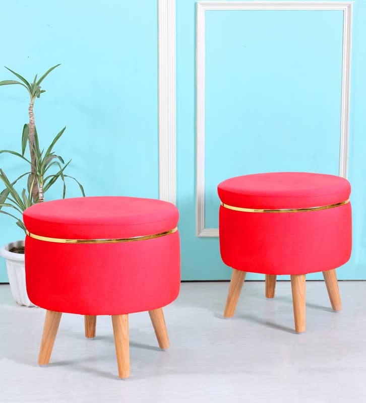 Ottoman Stool, Velvet Foot Rest Ottoman for Living Room, Small Puffy for Sofa, Wooden Legs Mudda for Sitting | Modern Pouf for Bedroom & Office Room Decor | 17 Inch Height (Rose Pink)-image-19