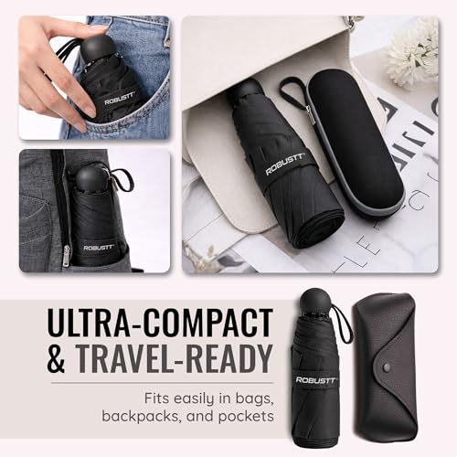 Image of Robustt Capsule Mini Foldable Travel Umbrella | Black | UPF 50+ UV & Rain Protection | 3 Fold Compact | for Women, Men & Kids | Windproof, Waterproof, Pocket-Size with Storage Case