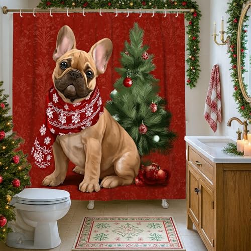 Rideau de douche de Noël avec chiens français rouge et vert 183x213cm - 2