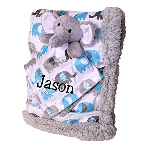 101 Beach Plush Elephant Security Lovey With Reversible Blanket Gift Set For Newborn Infant - Custom Personalized Embroidery Available (Blue Elephant Set With Embroidered Name) #TOP7