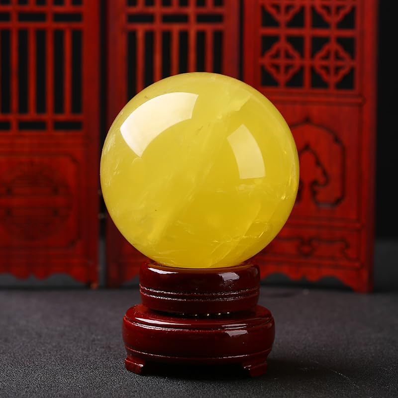 Bola de Esfera de Cristal Amarillo Natural con Soporte de Madera – Globo de Piedras Preciosas pulidas para decoración