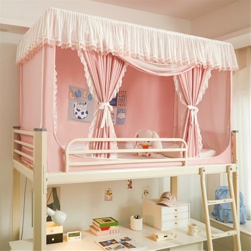 YWSXHS Bunk Bed Curtain Set, Bed Canopy Set with Rectangular Stainless Steel Frame & Dual Zipper Door, Bed Curtains for Students Bunk Beds and Loft Beds(Pink,W35.4 x L74.8 x H35.4)