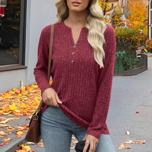 Women Casual Ribbed Knit Shirts 2025 Fall Long Sleeve Button V-Neck Pullover T-Shirt Lightweight Sweater Blouses4