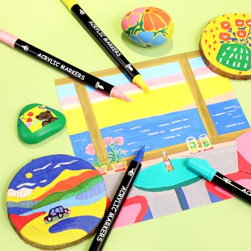 Image of Pagather 100 Colors Acrylic Paint Markers, Dual Tip with Fine Tip and Brush Tip Pens for Fabric, Stone, Wood, Canvas, Ceramic, Metal, Glass, Rock Painting, DIY Crafts Art Supplies Kit