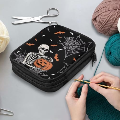 Image of Vanideaoty Skeleton Crochet Hook Bag Pumpkin Crochet Organizers | Knitting Needle Organizer Storage, Soft Easy to Clean, Outdoors, Halloween Decoration