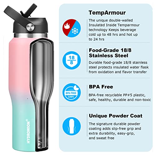 Image of HYDROWION Vacuum Insulated Water Bottle, 40 oz Water Bottle fits in Car Cup Holder (Cold 48 hrs, Hot 24 hrs),Insulated Drinking Bottle with Straw Lid, Spout Lid and Flex Cap, Leakproof Travel Thermos