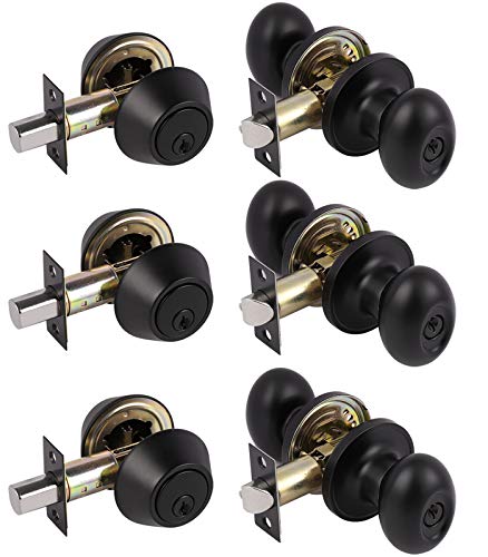 Probrico Entry Door Knobs with Double Cylinder Deadbolt 3 Pack Matte Black Oval Egg Shape Exterior Front Door Handleset Keyed Alike 6 Same Keys Per Set for Office Entrance Door Locks