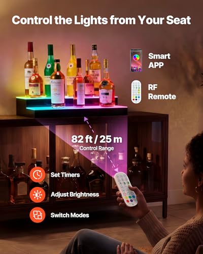 Image of VEVOR LED Lighted Liquor Bottle Display, 2 Tiers 30 inches, Supports USB, Acrylic Illuminated Home Bar Shelf Display with RF Remote & App Control, 9 Static Colors, Timing Mode, for 14-20 Bottles