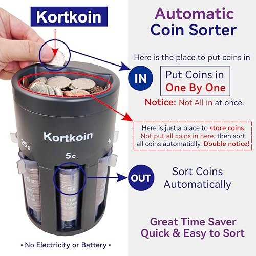 Kortkoin Automatic Coin Sorter 5-IN-1 Coin Counter with Coin Wrappers, Empty Piggy Bank Coin Bank Jar Quickly & Accurate as Change Sorter Machine, Widely used at Home, Office & Store. Great Time Saver