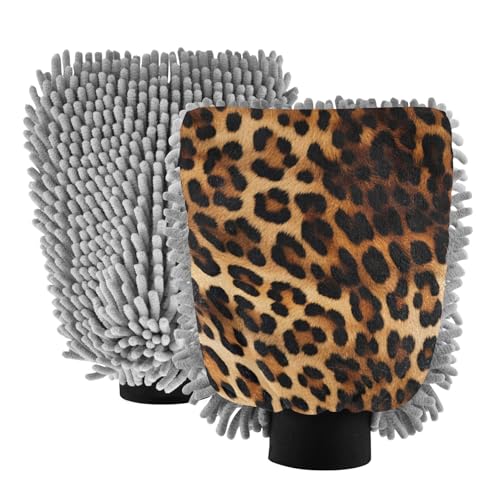 ALAZA Leopard Print Cheetah Car Wash Mitt Scratch Free, 2 Pack Absorbent Microfiber/Chenille Washing & Drying Mitts, M