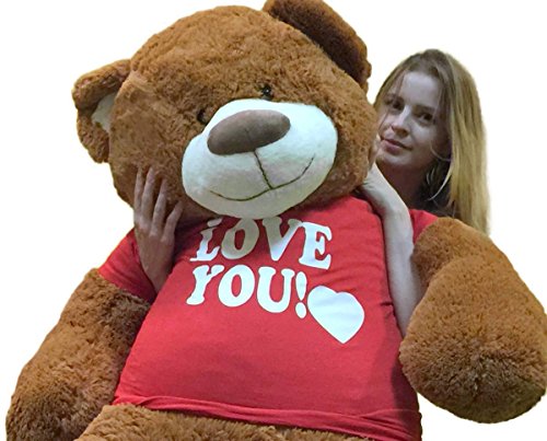 Big Plush 5 Foot Giant Teddy Bear Wearing I Love You T-Shirt 60 Inches Soft Cinnamon Brown Color Huge Teddybear
