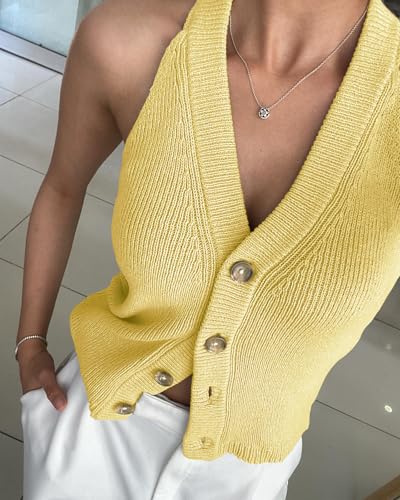 Image of Womens Button-Front Sweater Vest Top V Neck Sleeveless Knit Tank Fitted Halter Raceback Cardigan Vest