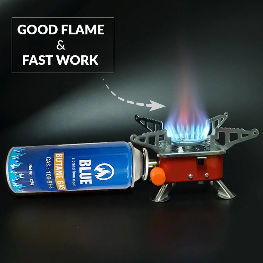Image of camping stove with cylinder | camping gas stove | Camping Stove - 2800W Ultra-Light Picnic Cooking Gas Burner, Folding Emergency Stainless Steel (Stove + 4 Butane)