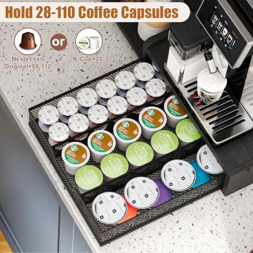 Image of Coffee Station Organizer with K Cup Holder, 28 Pod Capacity,3-Tier Syrup Rack with Coffee Pod Holder Drawer, Coffee Bar organizer Countertop for Accessories,Black