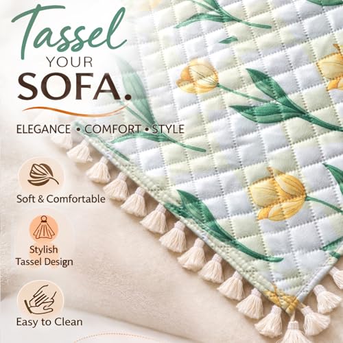 Image of HOKIPO Tulip Blossom Quilted Sofa Backrest Cover Mat| 'Tassel Twigs' Series (IN-988-T4)