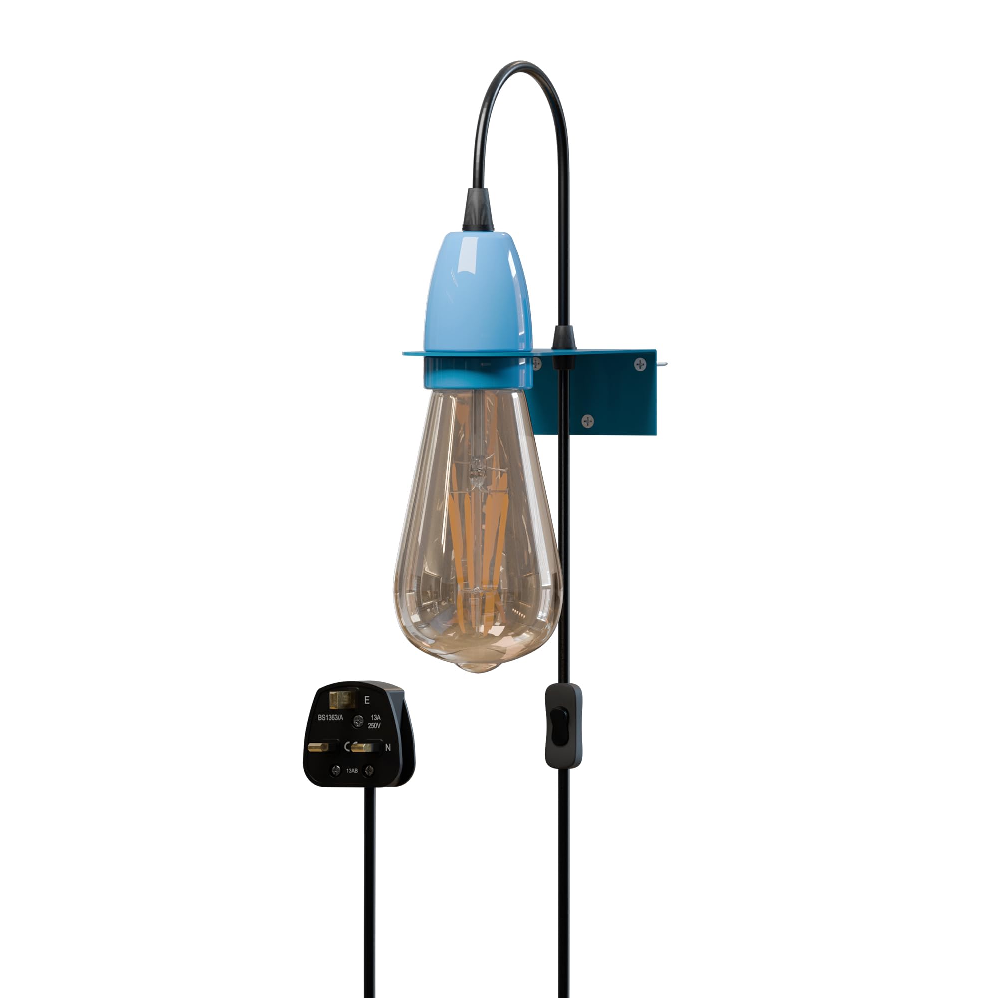 LEDSone 2m Plug in Cord Wall Lamp with Wall Mount Bracket E27 Holder Suspended Pendant Light Fitting Kit, PVC Cable Plug with On/Off Switch (Blue with Bulb) — image 1