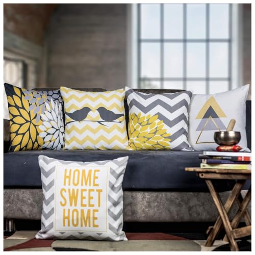 Image of Decorative Satin Sofa Cushion Covers Set of 5, 16 x 16 Inches, Multicolor Floral Printed Pillow Covers for Living Room, Bedroom, Couch & Sofa, Soft Glossy Fabric, Zipper Closure