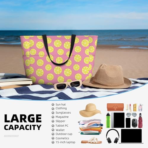 Large Beach Bags Water-resistant Sandproof - pink Lemon Cute Beach Tote Bags for Women with Zipper4