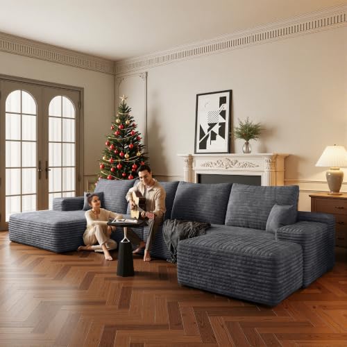 Image of Boneless Couch, Modular Sectional Couches for Living Room, U-Shaped Cloud Couch Sofa with Deep Seat, Fluffy Corduroy Upholstered Corner Sofa