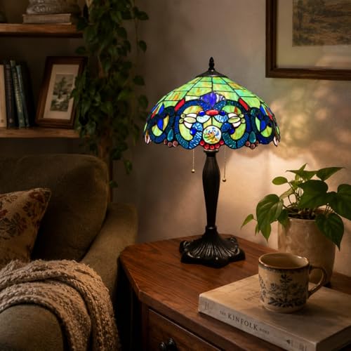 Image of Stained Glass Table Lamp, Blue Green Peacock Pattern Glass Shade with Antique Bronze Base, Decorative Bedside & Living Room Lamp (Free Bulb) (Design - 2)