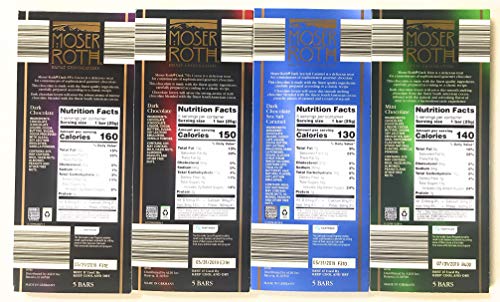 German Dark Chocolate Bundle of Four Varieties. Moser Roth 85%, 70%, Dark Sea Salt and Caramel and Dark Mint. Fresh Import from Germany