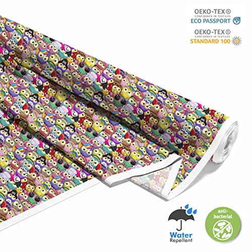 HEKO PANELS Stoff Oxford Wasserdichte Meterware Canvas-Stoff Polyester Stoff Zum Nähen Nähstoffe Möbelstoffe Dekostoffe Wasserabweisend Blickdicht Kinder Eulen Bunt 1 Meter 155 x 100 cm