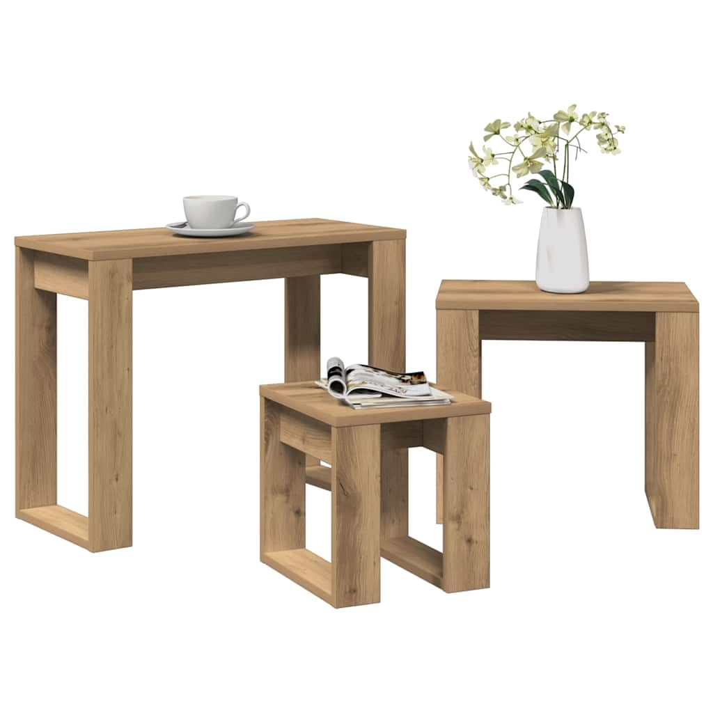 SXZenSpace Nest of Tables 3 Piece Artisan Oak Engineered Wood Side for Living Room 61 x 28 47 cm Stackable Nesting Coffee Bedroom Hallway