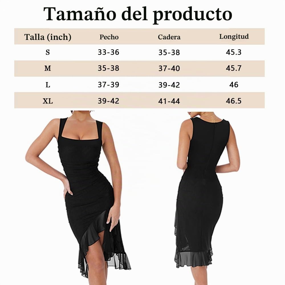 Vestido Mujer Elegant sin Mangas Volante Dobladillo Verano Rajado Cuello Cuadrado Ajustado Midivestido para Fiesta Noche Coctel(Negro/M)