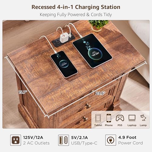 Image of 26 inch Tall Nightstand with Charging Station, 23.6 inchW End Table W /Roman Column