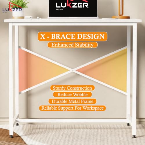 Image of Lukzer X-Support Study Table for Home & Office (MST-008-White & White) Metal & Engineered Wood Laptop & Computer Workstation Desk for Students & WFH, DIY Spacious Tabletop (90x60x75cm)