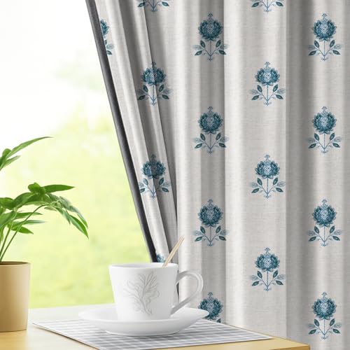 Image of LINENWALAS Printed Blackout Curtains for 7 Feet Door | Set of 2 | Printed Drapes | Thermal Insulated, Room Darkening Panels with Grommet Hanging for Living Room (Cornflower Motif)