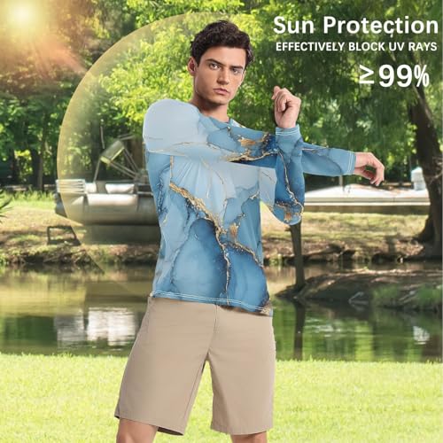 Marble Blue White Men's UPF 50+ Slim fit Round Neck UV Protection Long Sleeve Hiking4