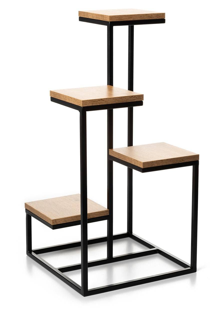 4 Etagen Blumentreppe - Metall Pflanzentreppe 79 cm Hoch - Blumenregal mit MDF-Platten in Eichenoptik für 4 Blumen - Blumenständer für die Innendekoration (Eichen)