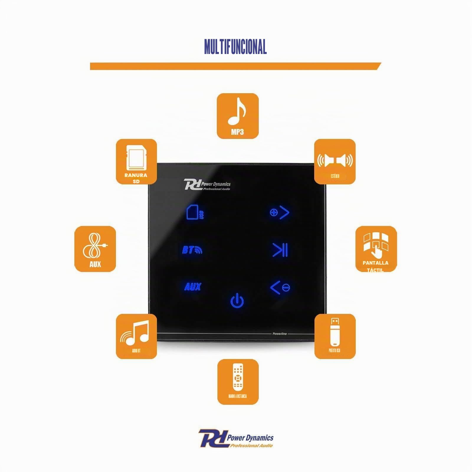 Power Dynamics Powerline A50B - Amplificador de Audio de Pared, 2 x 20 W, Receptor inalámbrico Bluetooth, USB y Micro SD, Pantalla táctil, Incluye Mando a Distancia, Ideal para Sonido de casa