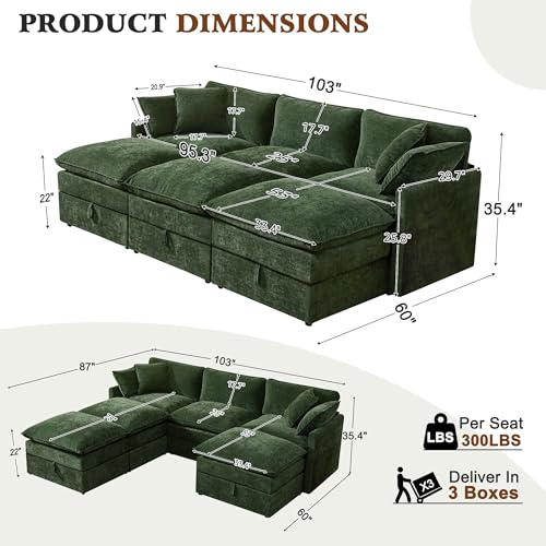 Image of Ihanherry Oversized Sectional Sofa Bed with Storage, 103 inch 6-Seater Modular Cloud Couch with Movable Ottomans, Chenille Deep Seat Sleeper Couches for Living Room (Green)