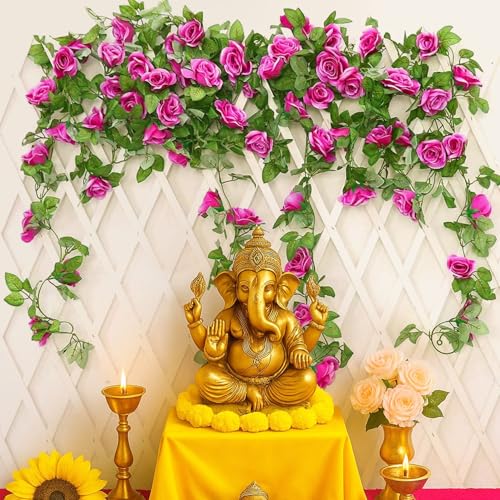 Image of TIED RIBBONS Pack of 2 Artificial Flower Vine Garland Creeper 69 Small Rose (183 cm) Garland for Decoration Wall Door Hanging Home Decor Balcony Indoor Office Ganesh Chaturthi Decorative Items (Pink)